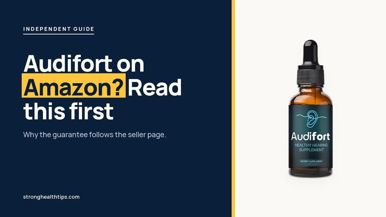 Audifort Amazon: headline beside the Audifort dropper bottle on a navy panel with a yellow edge