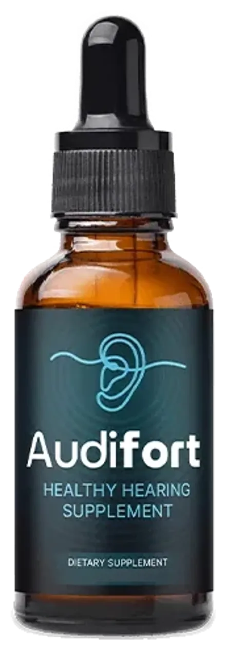 Audifort liquid supplement in an amber dropper bottle with a dark teal label