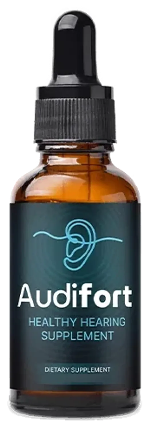 Audifort liquid supplement in an amber dropper bottle with a dark teal label