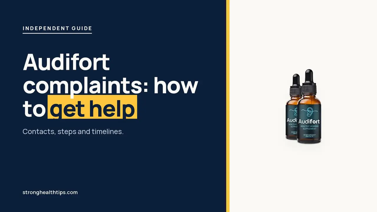 Audifort complaints: headline beside the two-bottle Audifort package photo on a navy panel with a yellow edge