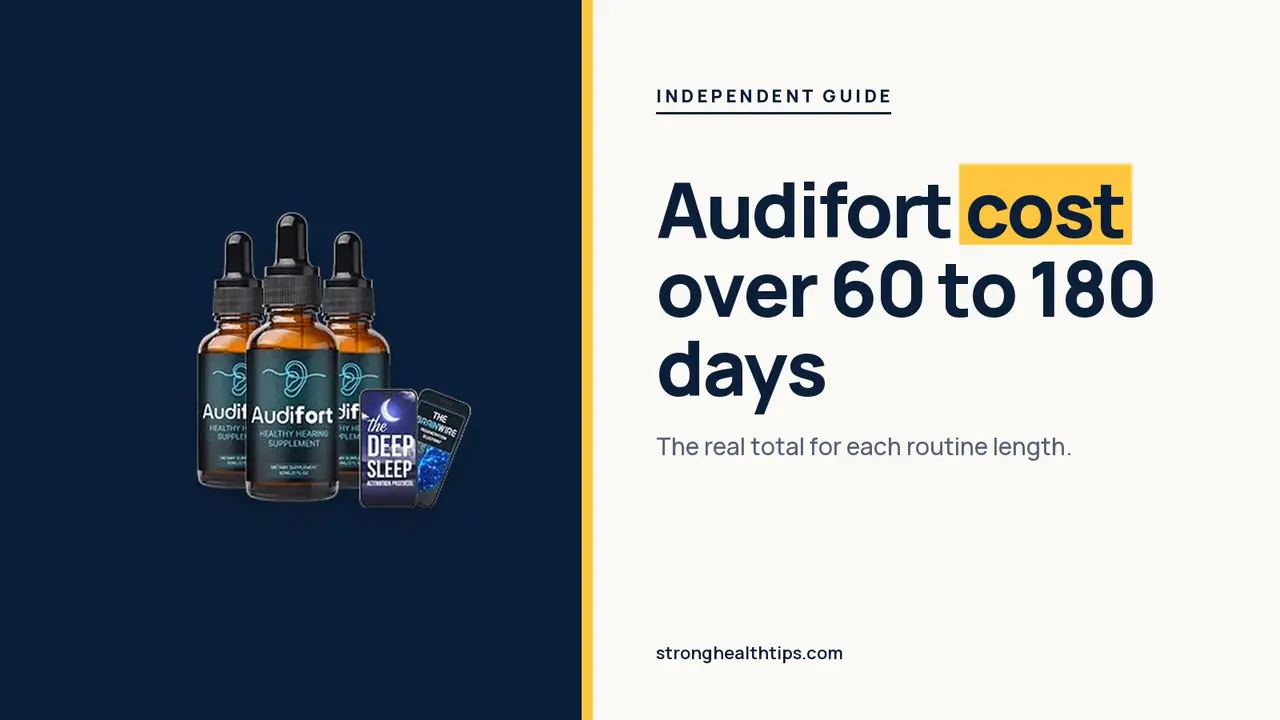 Audifort cost: headline beside the three-bottle Audifort package photo on a navy panel with a yellow edge