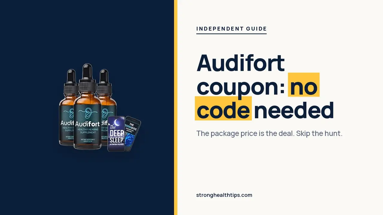 Audifort coupon: headline beside the three-bottle Audifort package photo with e-book covers on a navy panel