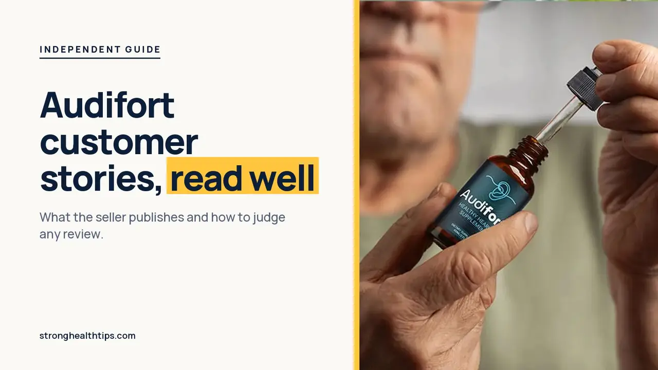 Audifort customer reviews: headline beside the three-bottle Audifort package photo on a navy panel with a yellow edge