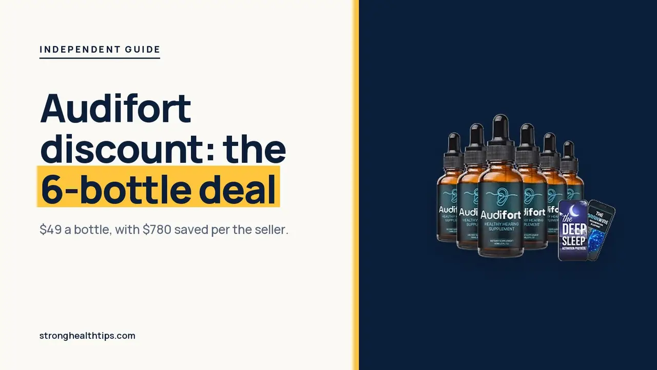 Audifort discount: headline beside the six-bottle Audifort package photo with a best value badge on navy
