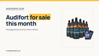 Audifort for sale: headline beside the six-bottle Audifort package photo with e-book covers on a navy panel