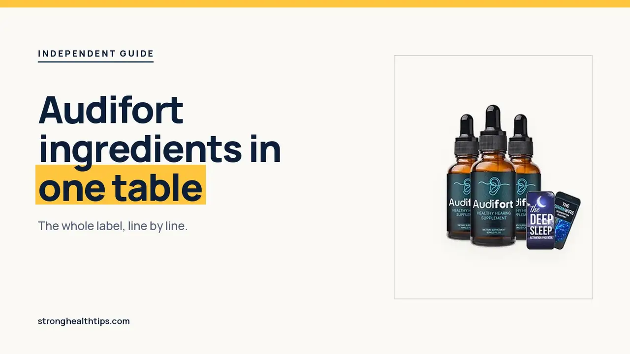 Audifort ingredients list: headline beside the Audifort dropper bottle on a navy panel with a yellow edge
