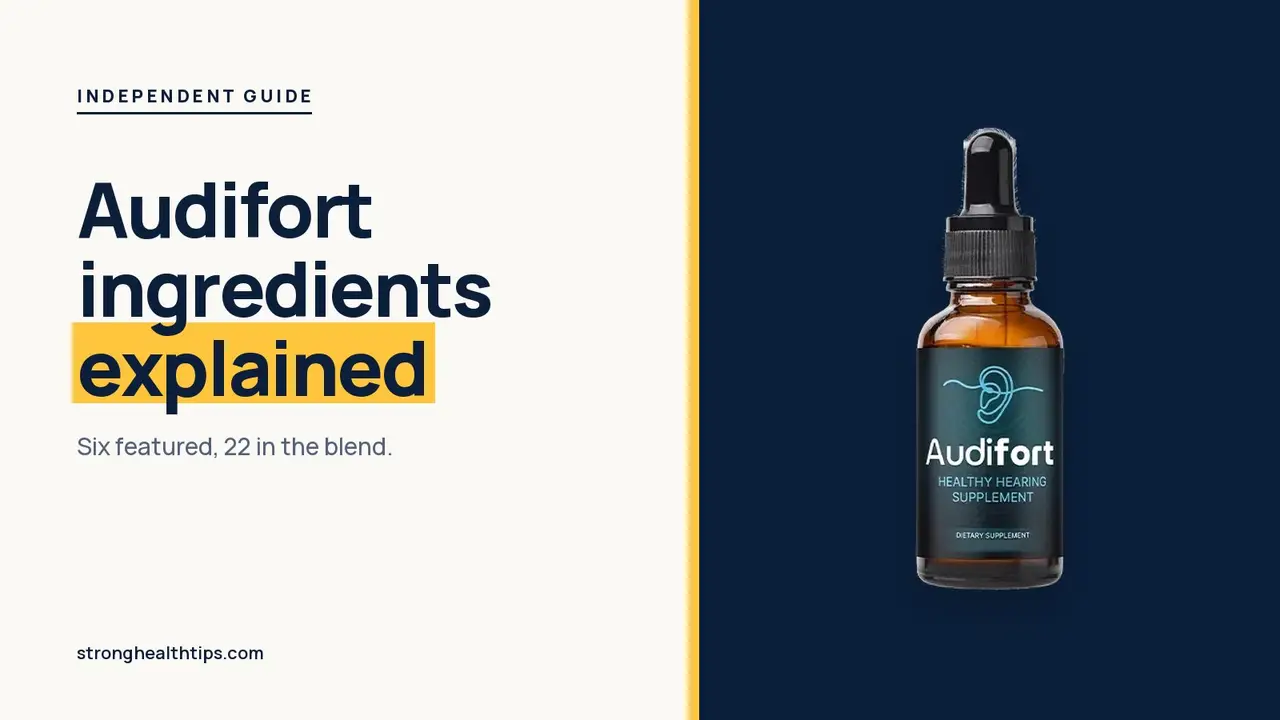 Audifort ingredients explained: headline beside the Audifort dropper bottle on a navy panel with a yellow edge