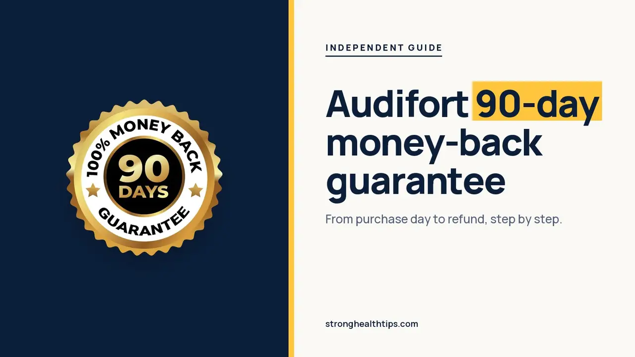 Audifort money back guarantee: headline beside a gold 90-day guarantee badge on a navy panel with a yellow edge