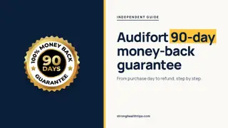 Audifort money back guarantee: headline beside a gold 90-day guarantee badge on a navy panel with a yellow edge