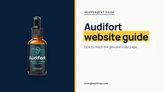 Audifort official website guide: headline beside the three-bottle Audifort package photo on a navy panel with a yellow edge