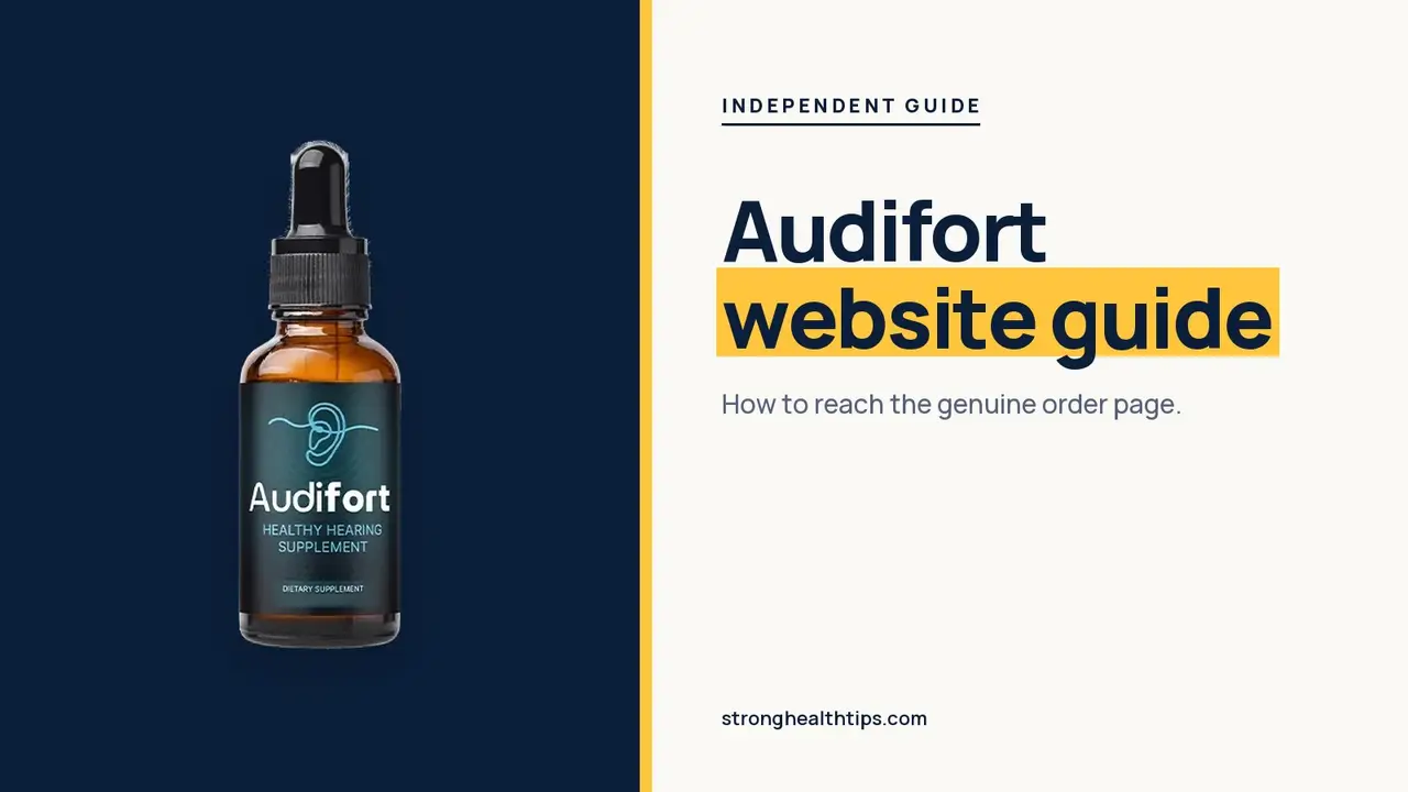 Audifort official website guide: headline beside the three-bottle Audifort package photo on a navy panel with a yellow edge