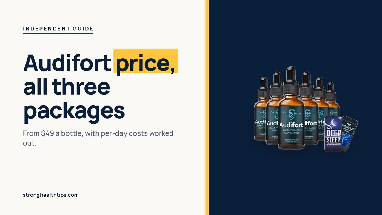 Audifort price: headline beside the six-bottle Audifort package photo with e-book covers on navy