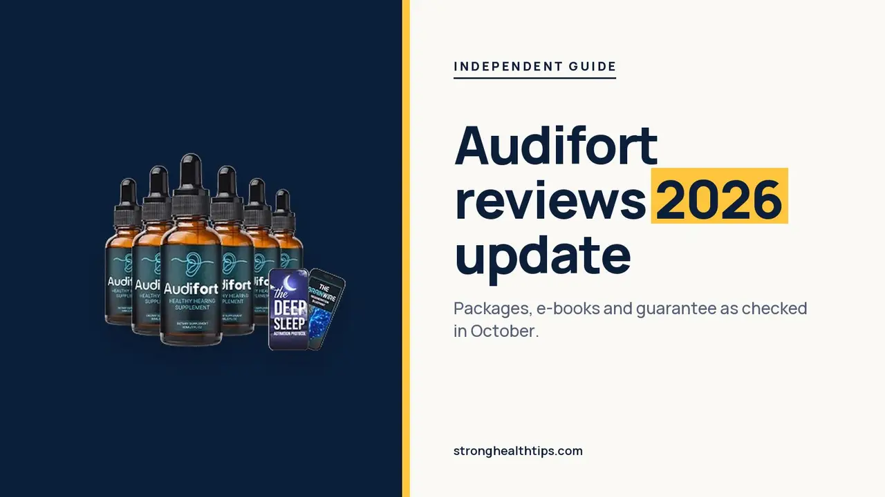 Audifort reviews 2026: headline beside the six-bottle Audifort package photo with a best value badge on navy