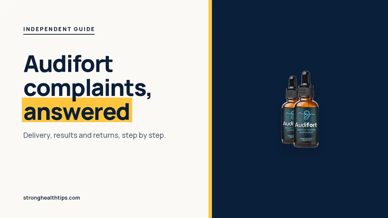Audifort reviews and complaints: headline beside the two-bottle Audifort package photo on a navy panel with a yellow edge