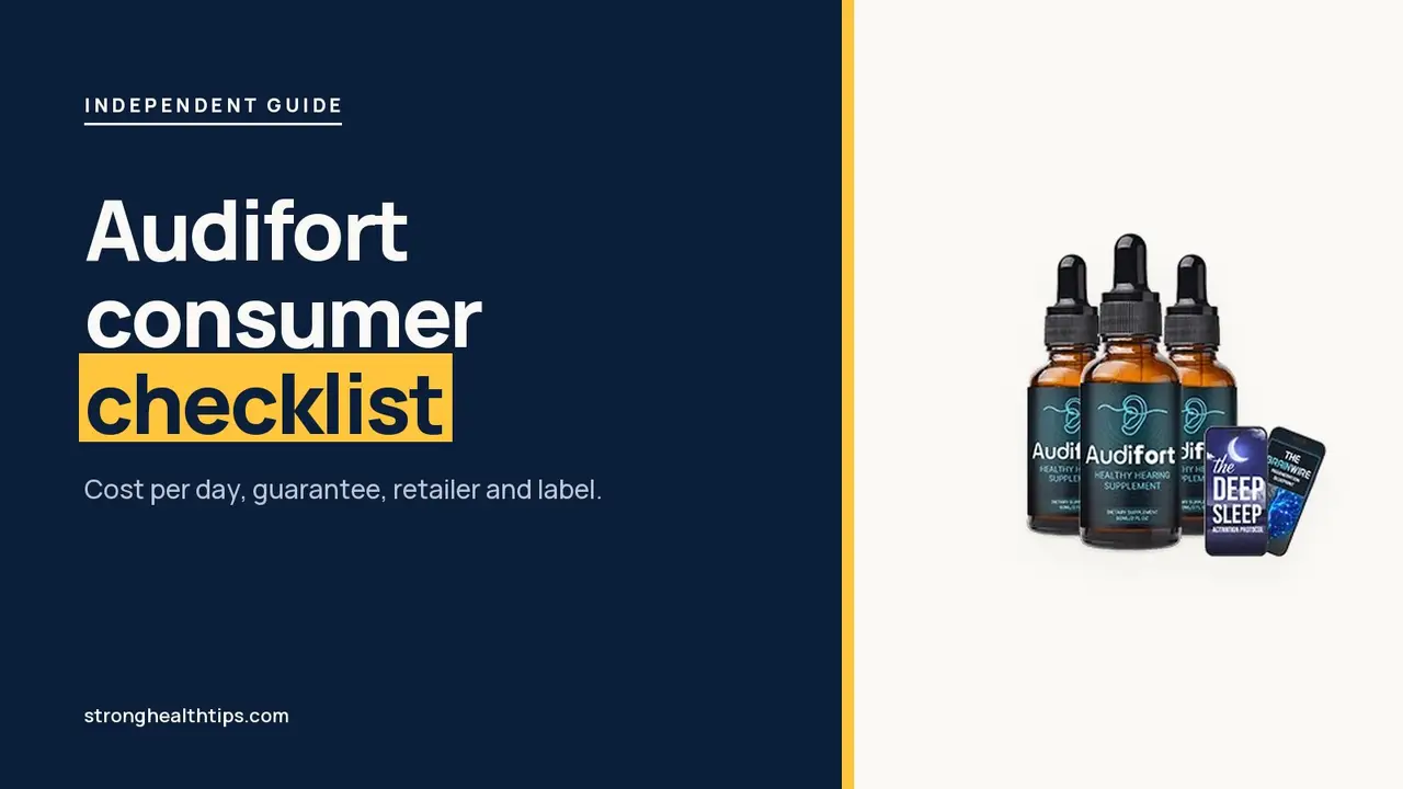 Audifort reviews consumer reports style: headline beside the three-bottle Audifort package photo on a navy panel