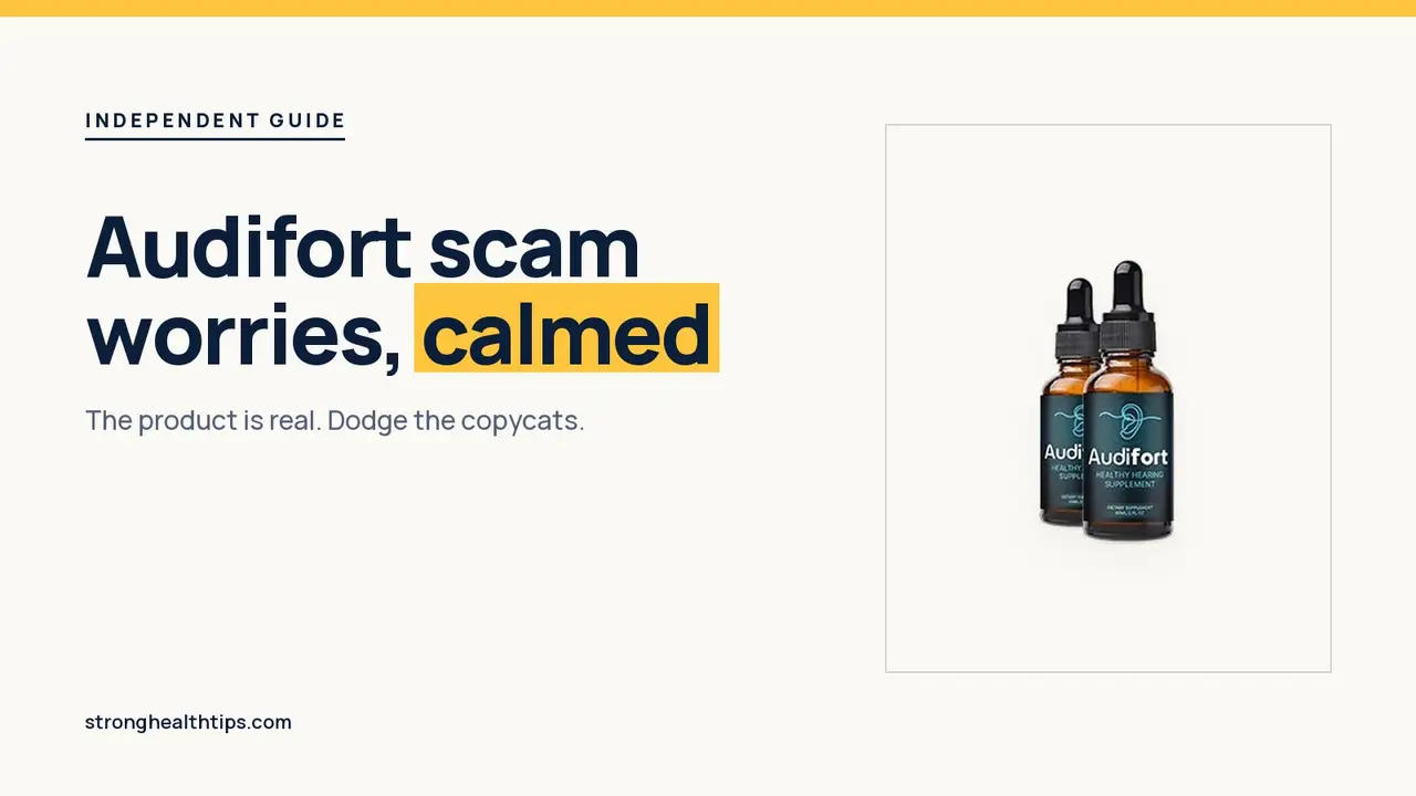 Audifort scam worries: headline beside the two-bottle Audifort package photo on a navy panel with a yellow edge