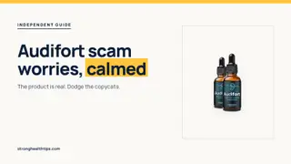 Audifort scam worries: headline beside the two-bottle Audifort package photo on a navy panel with a yellow edge