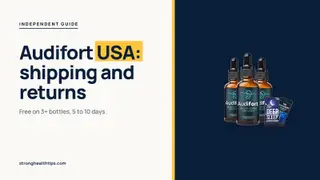 Audifort USA: headline beside the three-bottle Audifort package photo on a navy panel with a yellow edge