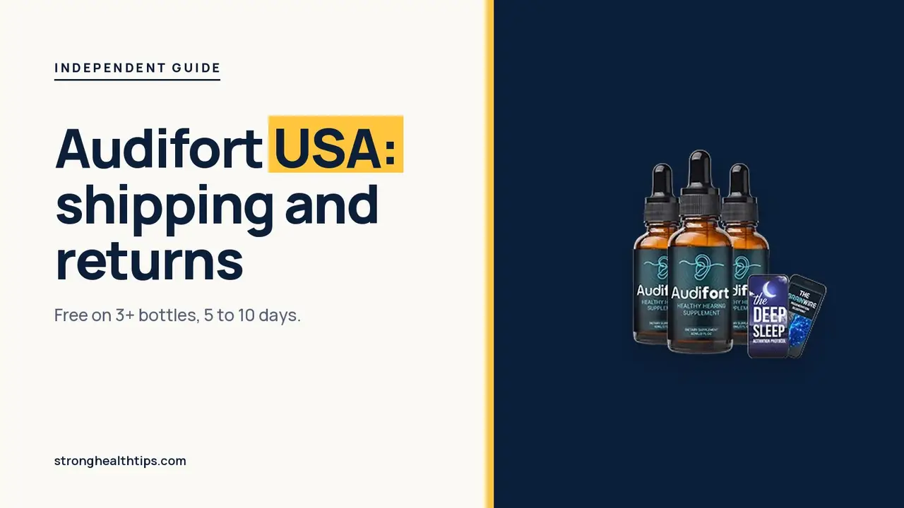 Audifort USA: headline beside the three-bottle Audifort package photo on a navy panel with a yellow edge