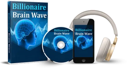 Mockup of the Billionaire Brain Wave digital audio: a book box, a disc and a phone player beside cream headphones