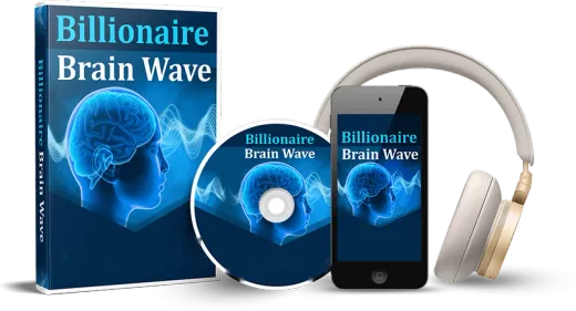 Mockup of the Billionaire Brain Wave digital audio: a book box, a disc and a phone player beside cream headphones