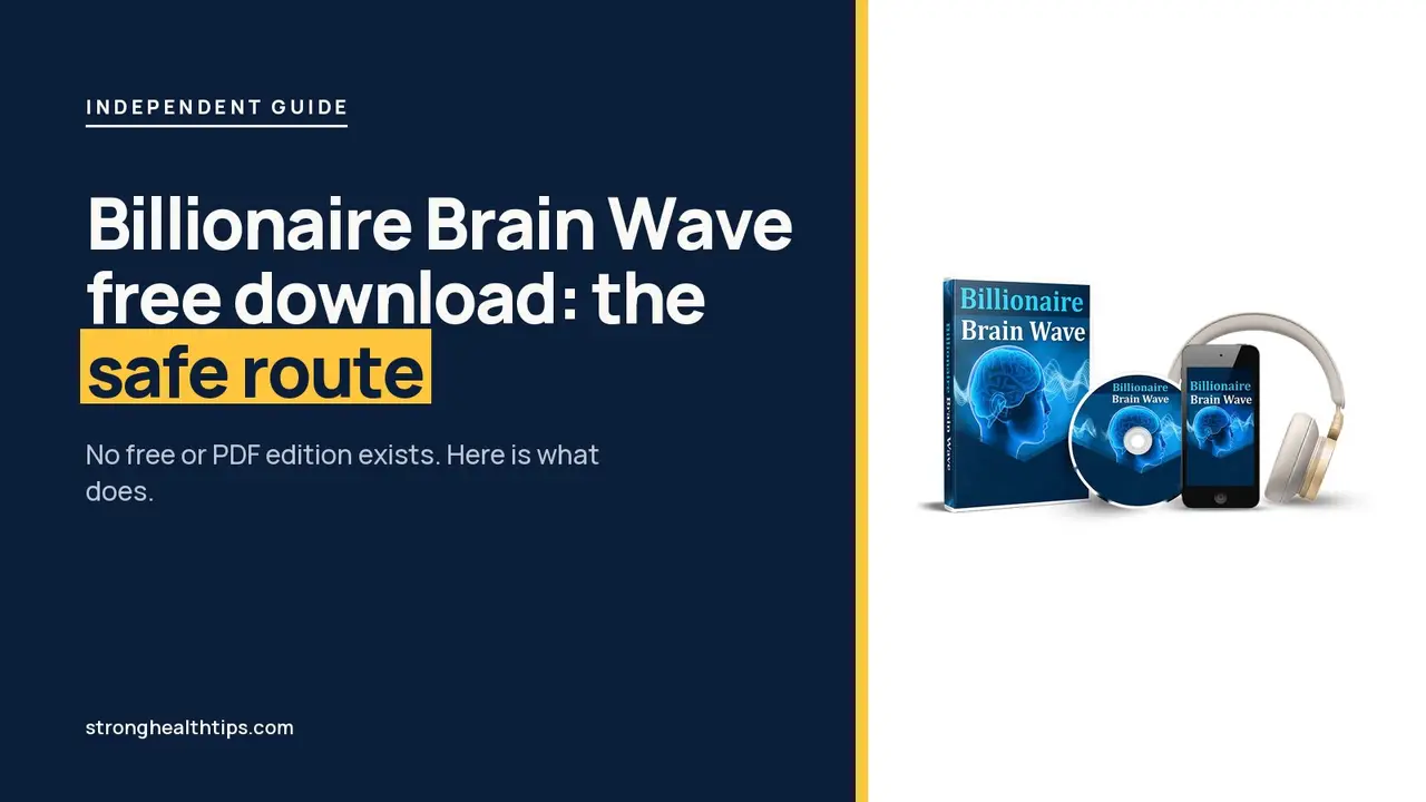 Billionaire Brain Wave free download guide: headline on cream beside the box, disc, phone and headphones mockup