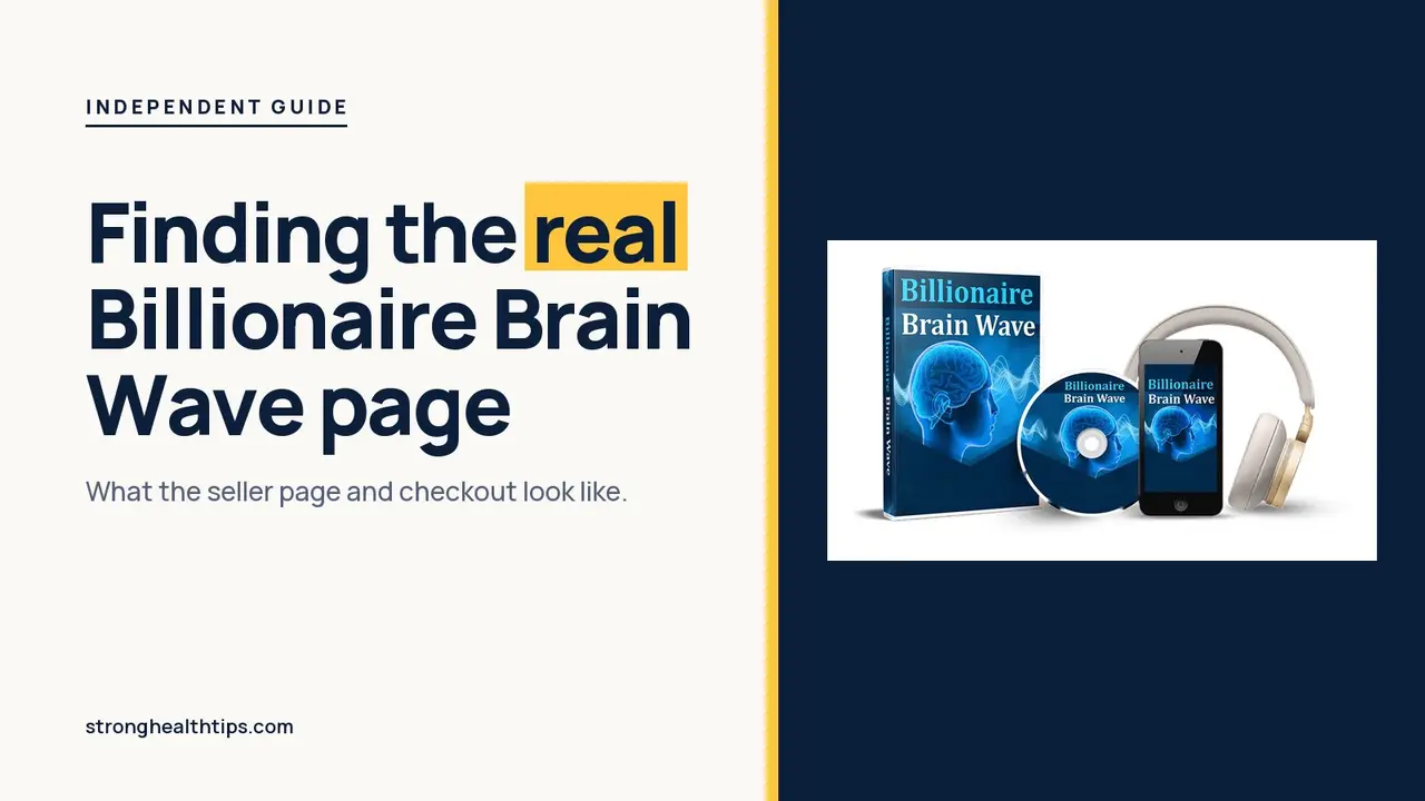 Billionaire Brain Wave official website guide: headline on cream beside the box, disc, phone and headphones mockup