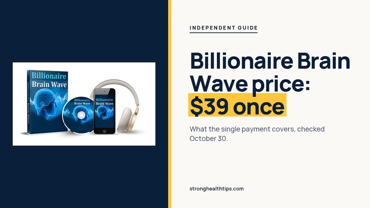 Billionaire Brain Wave price headline with one payment of $39 beside the box, disc, phone and headphones