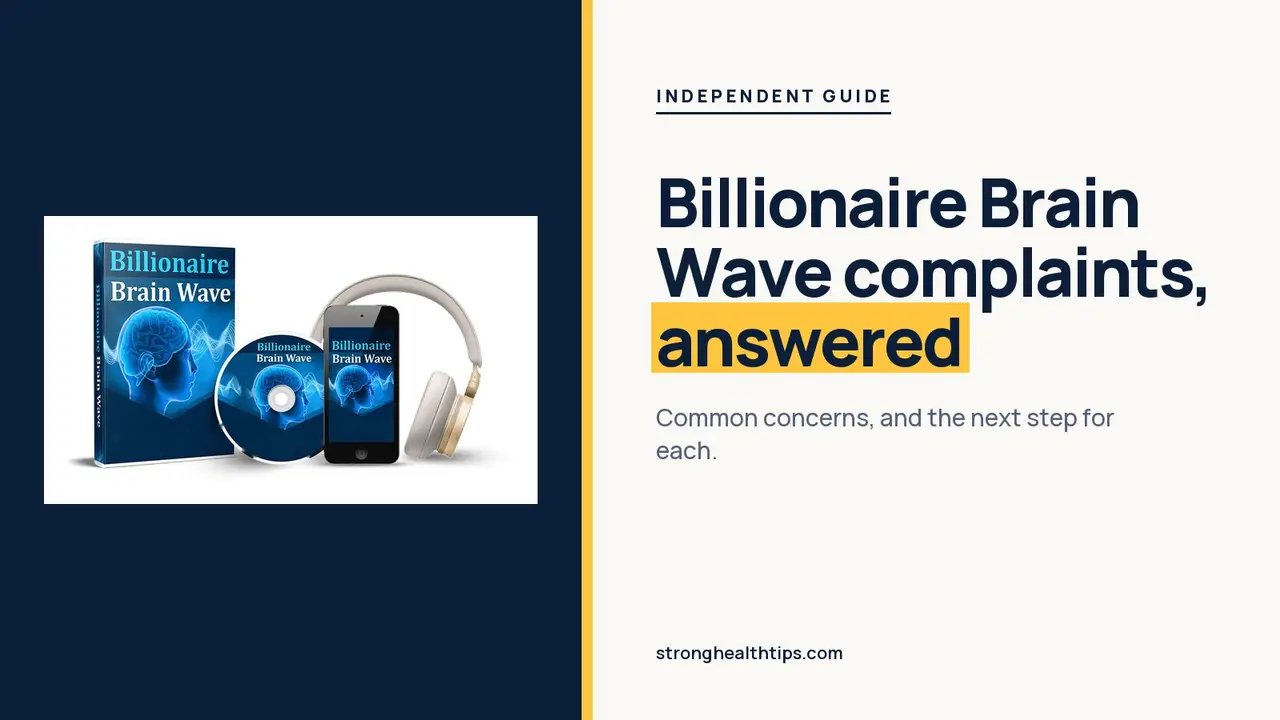 Billionaire Brain Wave reviews and complaints answered: headline on navy beside the box, disc, phone and headphones mockup