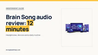 Brain Song audio review: headline beside a phone and headphones showing The Brain Song audio on a navy panel