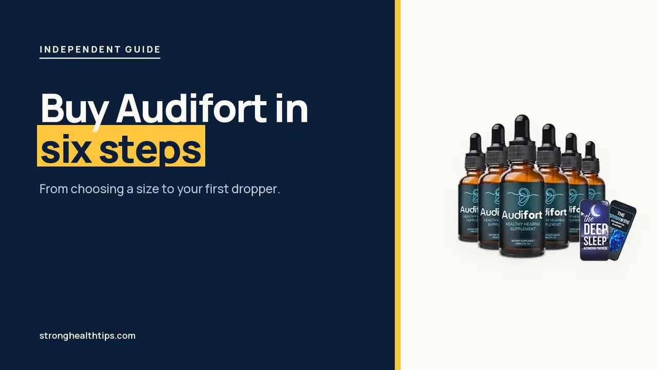 Buy Audifort: headline beside the six-bottle Audifort package photo with e-book covers on a navy panel