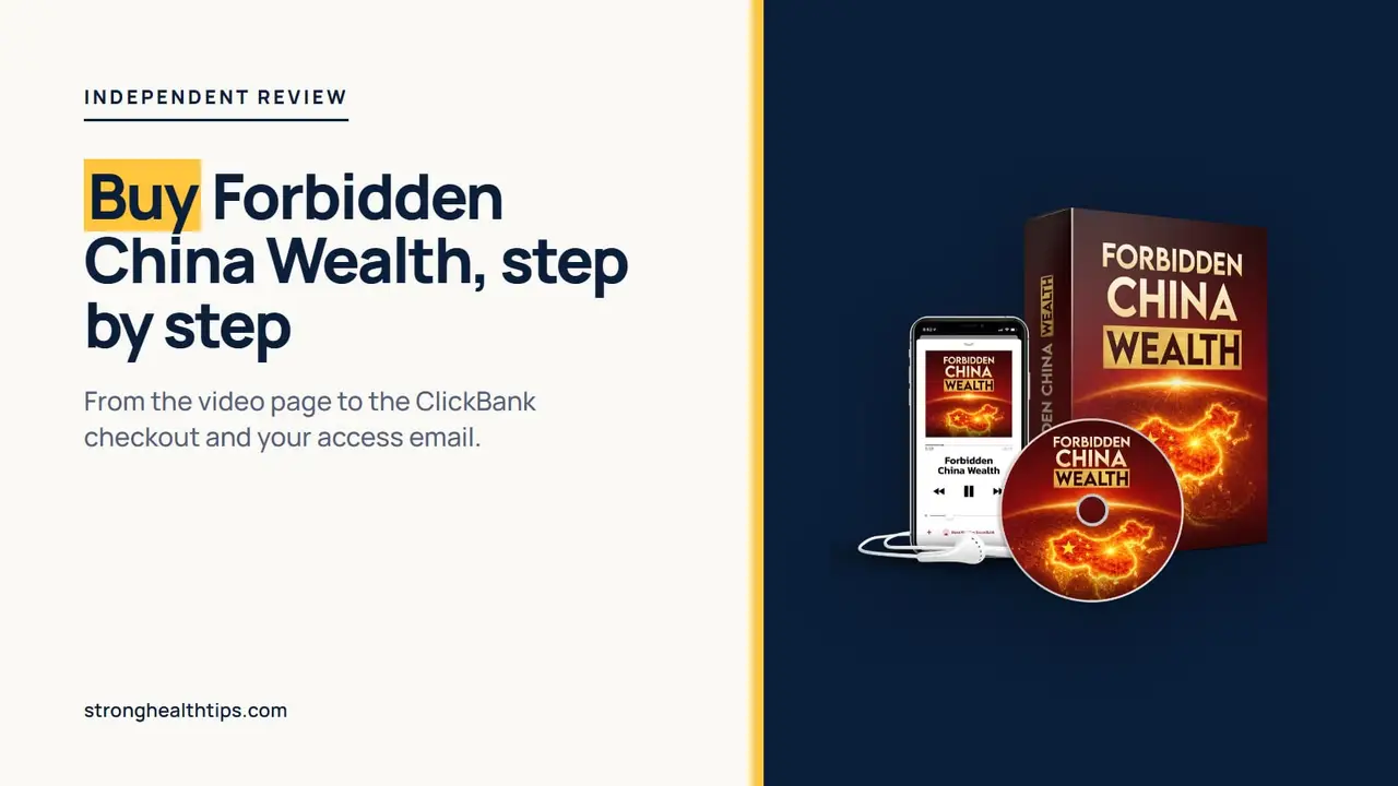 Buy Forbidden China Wealth: the headline on a cream panel beside the seller's mockup of the digital audio on navy