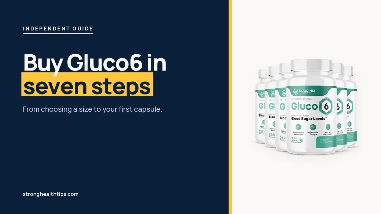 Buy Gluco6: headline beside the six-bottle Gluco6 package on a navy panel with a yellow edge