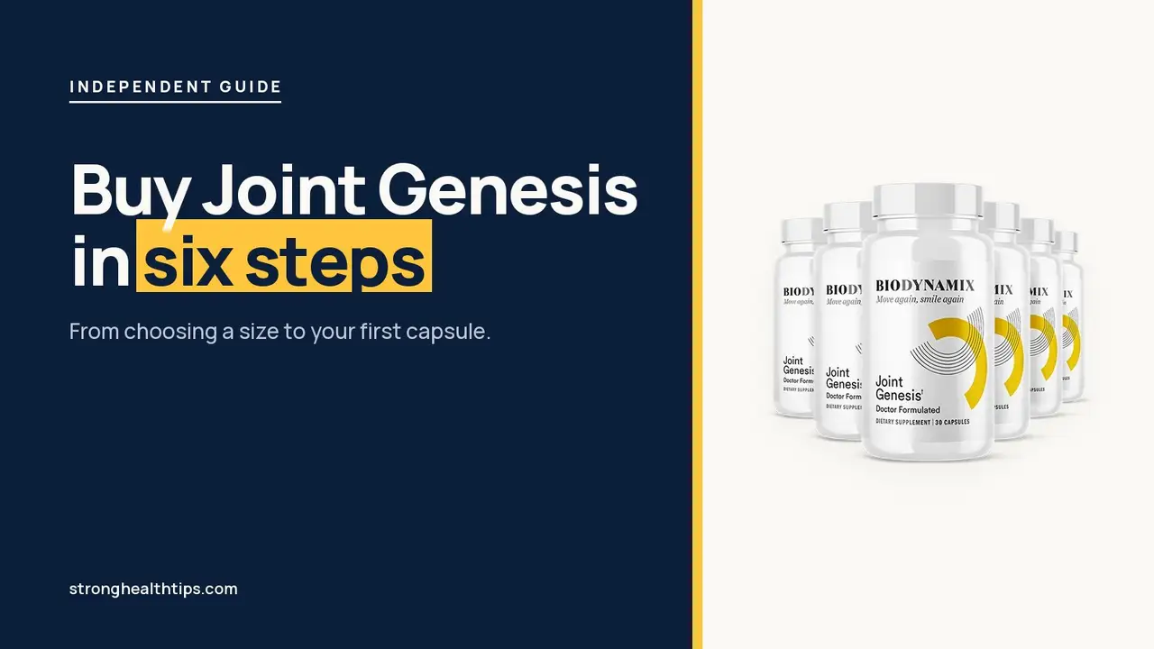 Buy Joint Genesis: headline beside the Joint Genesis bottle on a navy panel with a yellow edge