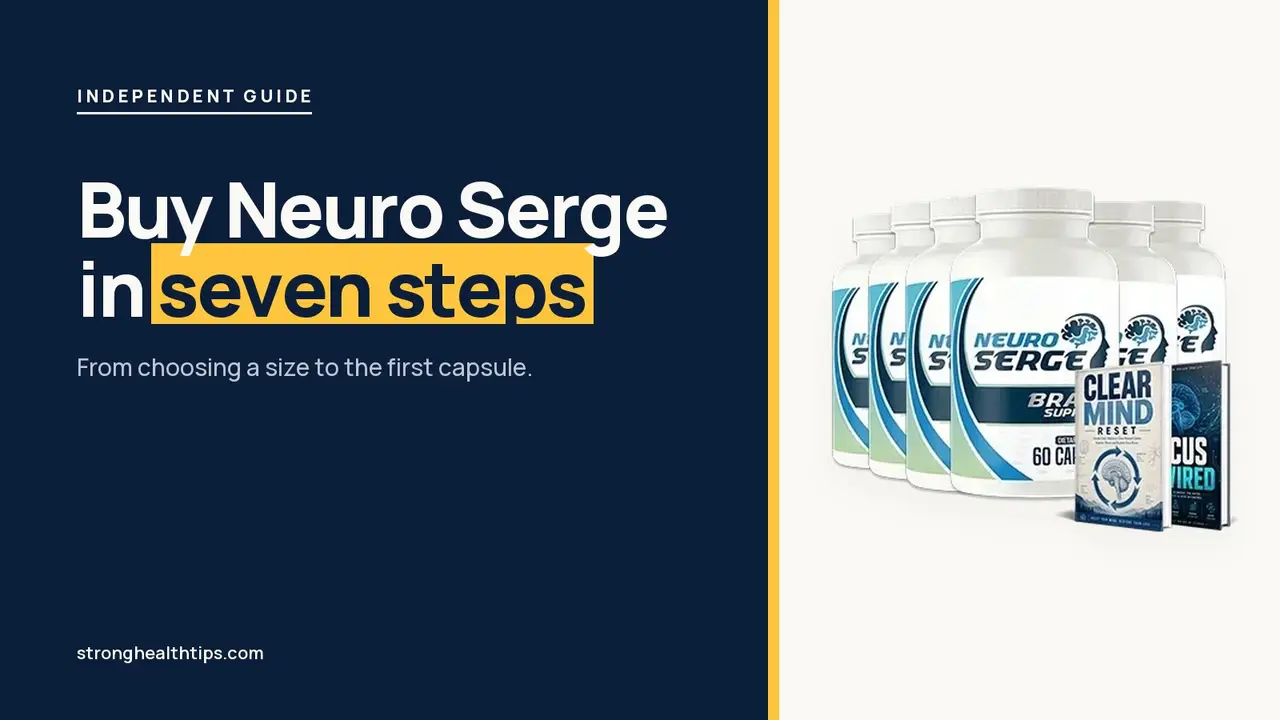 Buy Neuro Serge: headline beside the six-bottle Neuro Serge package on warm white with a yellow top bar