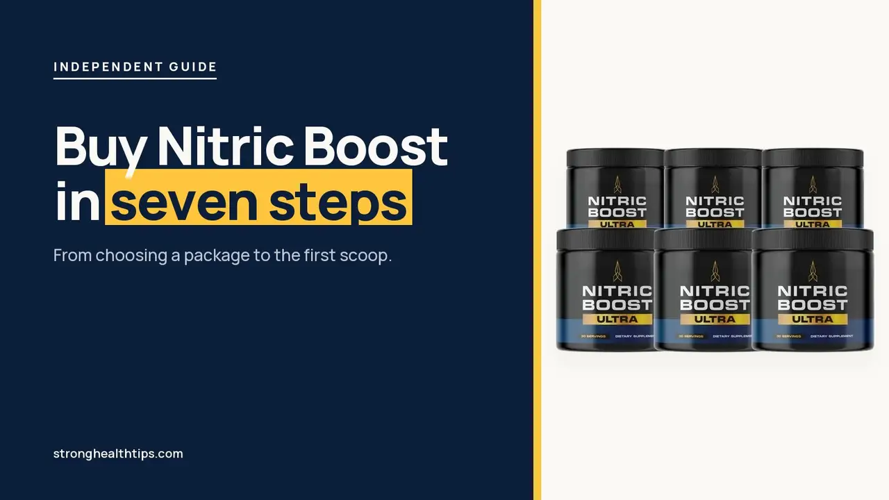 Buy Nitric Boost in seven steps: a Nitric Boost Ultra jar beside a headline about ordering from package choice to first scoop