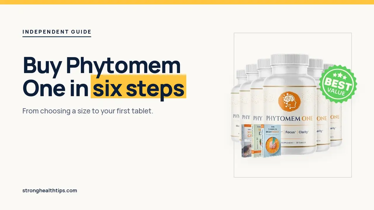 Buy Phytomem One: ordering guide headline beside the six-bottle Phytomem One package photo on a navy panel