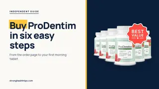 Buy ProDentim: step-by-step ordering guide headline beside the six-bottle ProDentim package photo on a navy panel