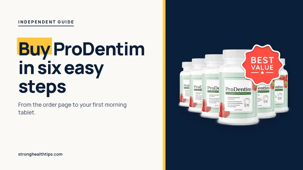 Buy ProDentim: step-by-step ordering guide headline beside the six-bottle ProDentim package photo on a navy panel