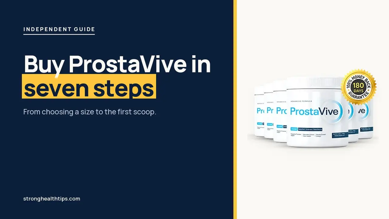 Buy ProstaVive: headline beside the six-tub ProstaVive package on a navy panel with a yellow edge