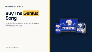 Buy The Genius Song: a headline about ordering safely beside a device mockup of the audio track on a navy panel