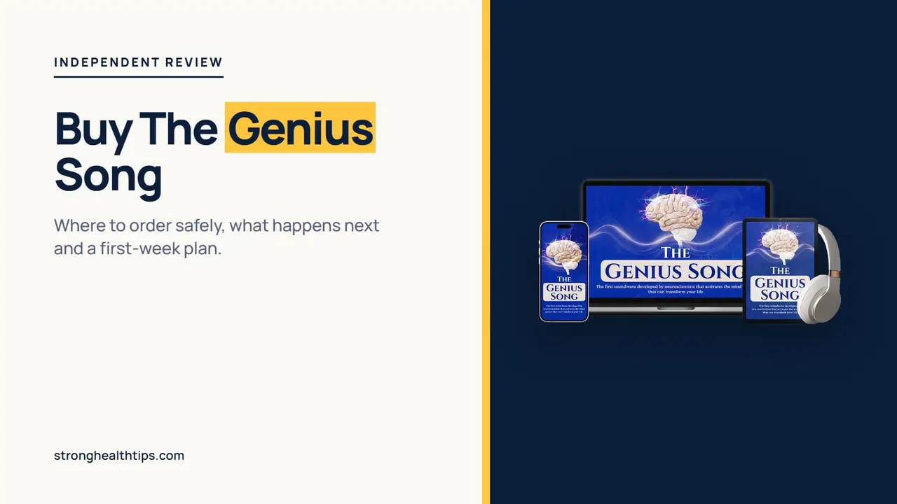 Buy The Genius Song: a headline about ordering safely beside a device mockup of the audio track on a navy panel