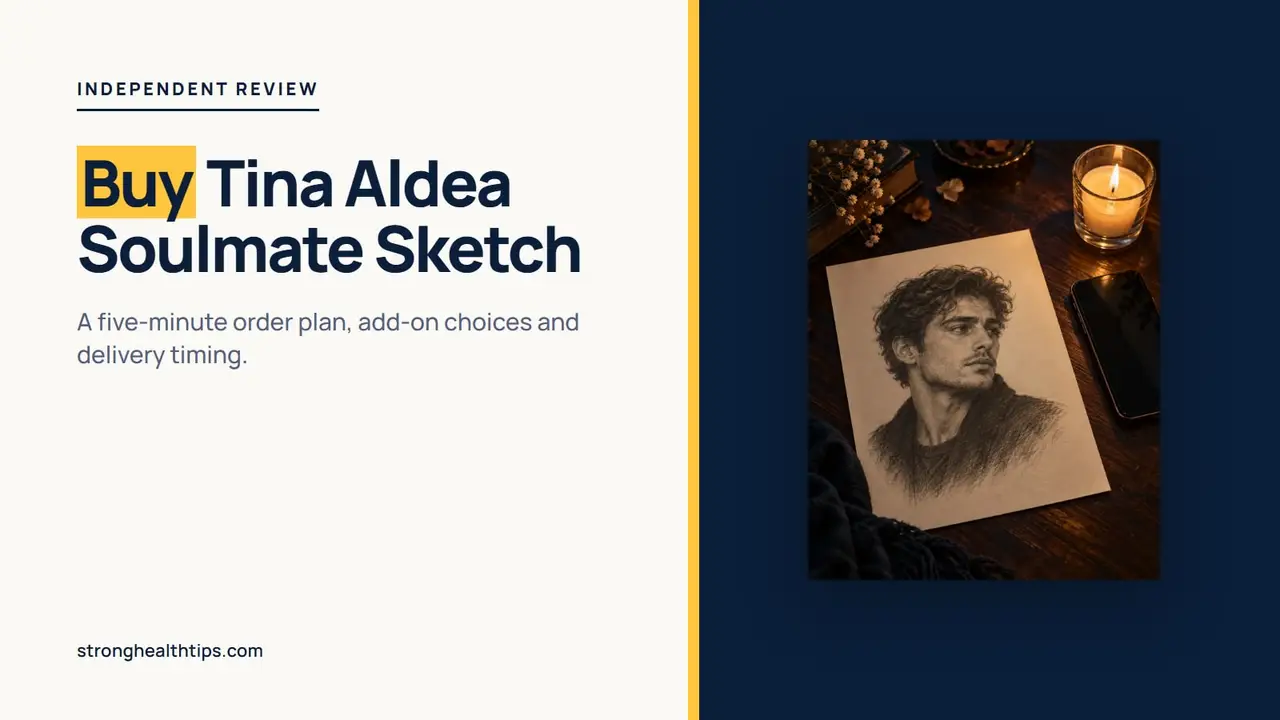 Buy Tina Aldea Soulmate Sketch: a headline about a five-minute order plan beside our own pencil-style sketch on a navy panel