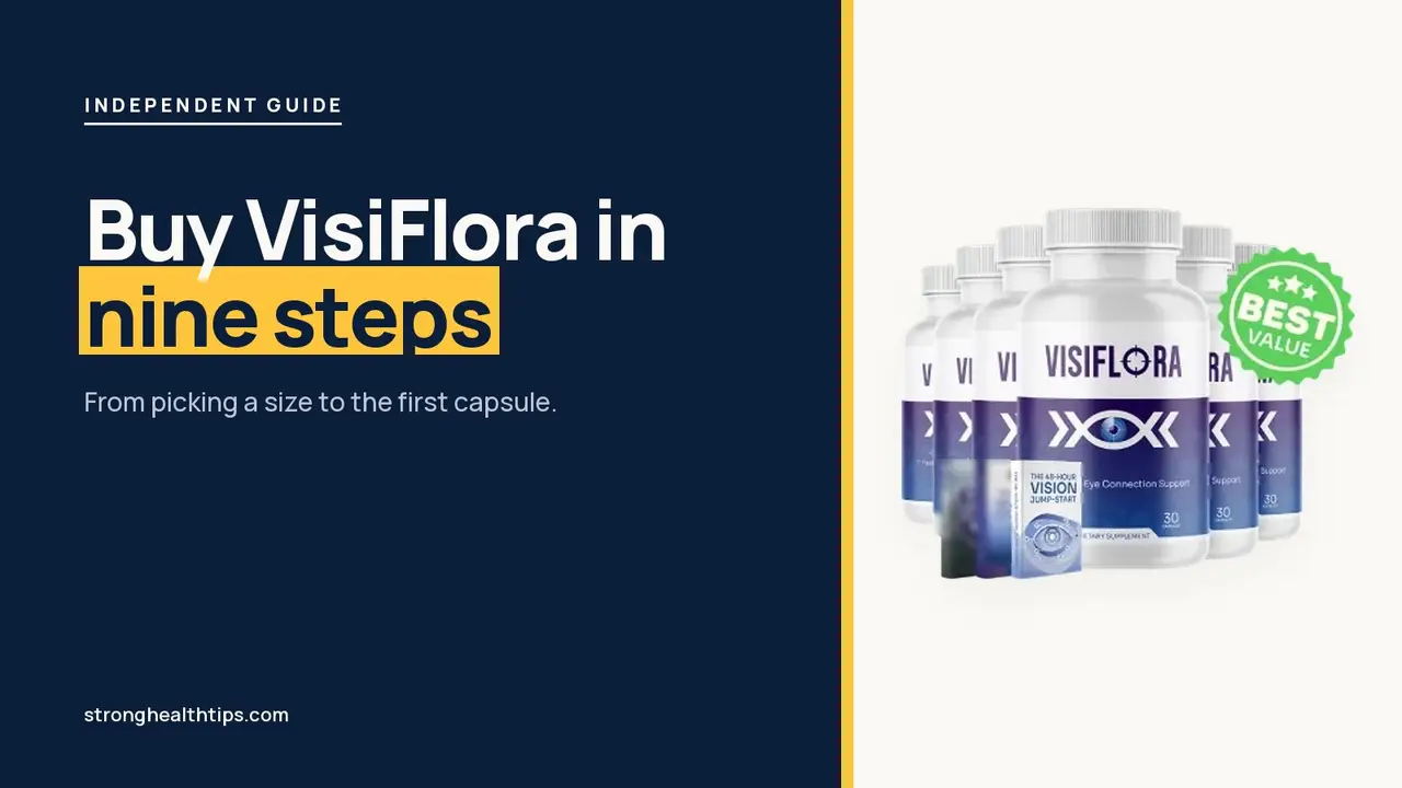 Buy VisiFlora: headline beside the two-bottle VisiFlora package on a navy panel with a yellow edge