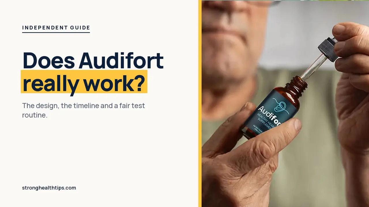 Does Audifort really work: headline beside the Audifort dropper bottle on a navy panel with a yellow edge
