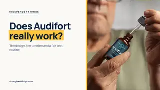 Does Audifort really work: headline beside the Audifort dropper bottle on a navy panel with a yellow edge