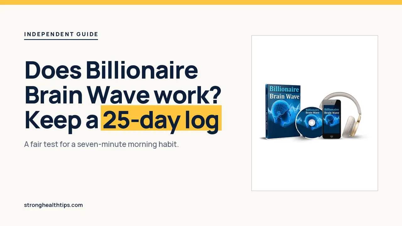 Does Billionaire Brain Wave work: 25-day log headline beside the box, disc, phone and headphones mockup on a cream layout