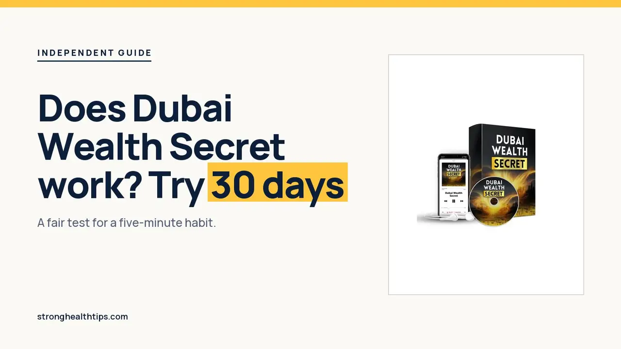 Does Dubai Wealth Secret work: 30-day test headline beside the audio box, disc and phone mockup on a cream and navy layout
