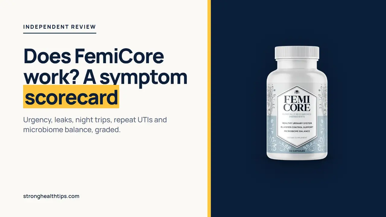 Does FemiCore work: editorial cover with a symptom scorecard headline on cream and the FemiCore bottle on a navy panel