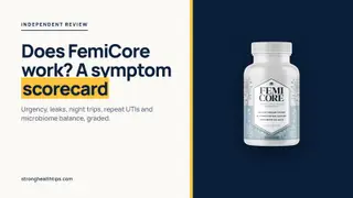 Does FemiCore work: editorial cover with a symptom scorecard headline on cream and the FemiCore bottle on a navy panel